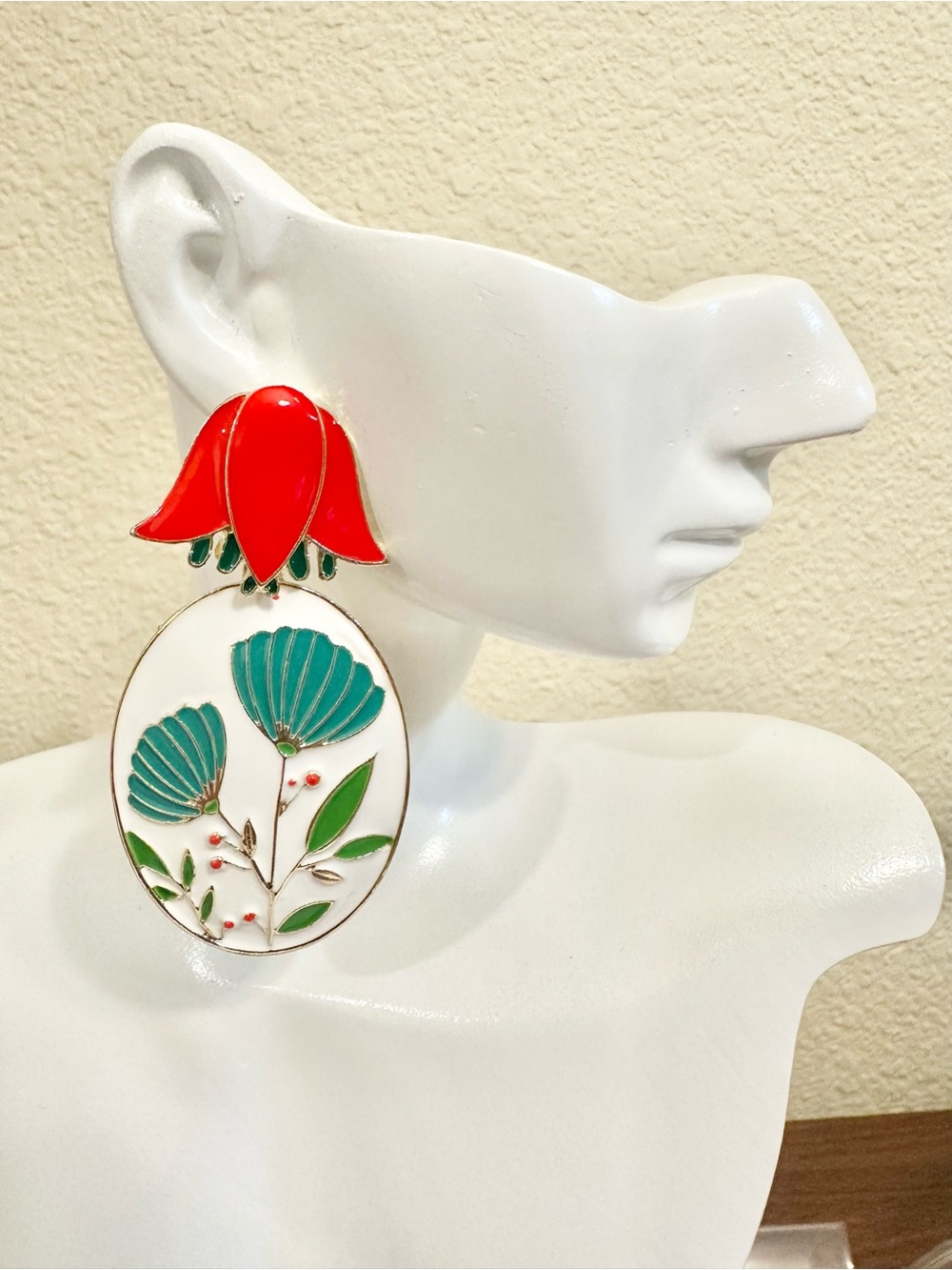 Hand-Painted Red and Teal Floral Drop Earrings